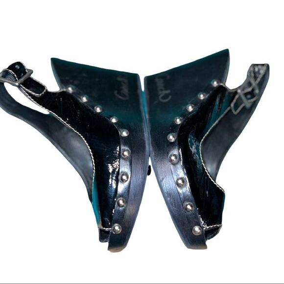 COACH RENAE CRINKLE PATENT SILVER STUD PLATFORM PEEP TOE SANDALS SIZE 6.5 Black - Picture 6 of 9